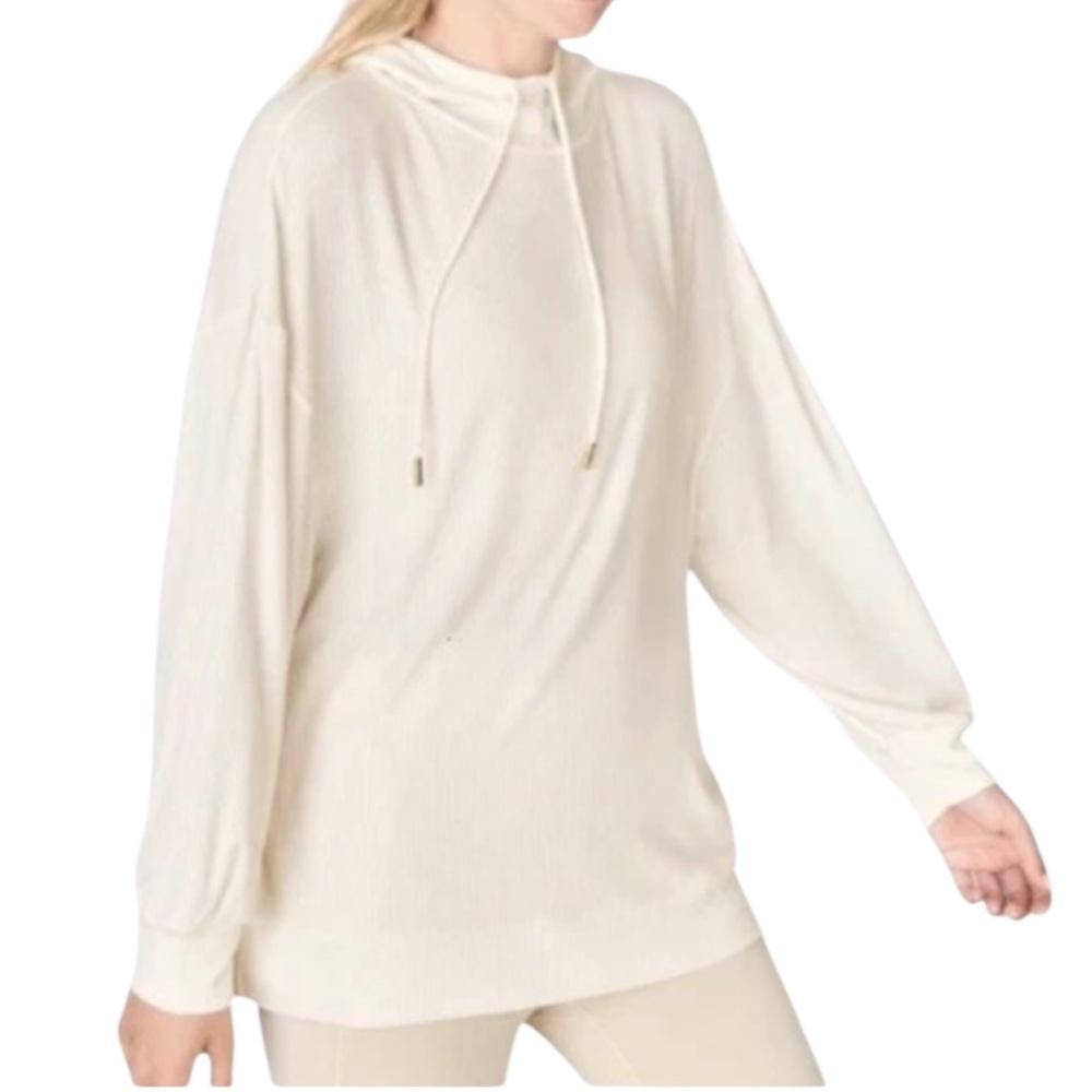 𝅺Fabletics Ambrose Ribbed Long Sleeve Hoodie Top Cream Gym Yoga Athleisure